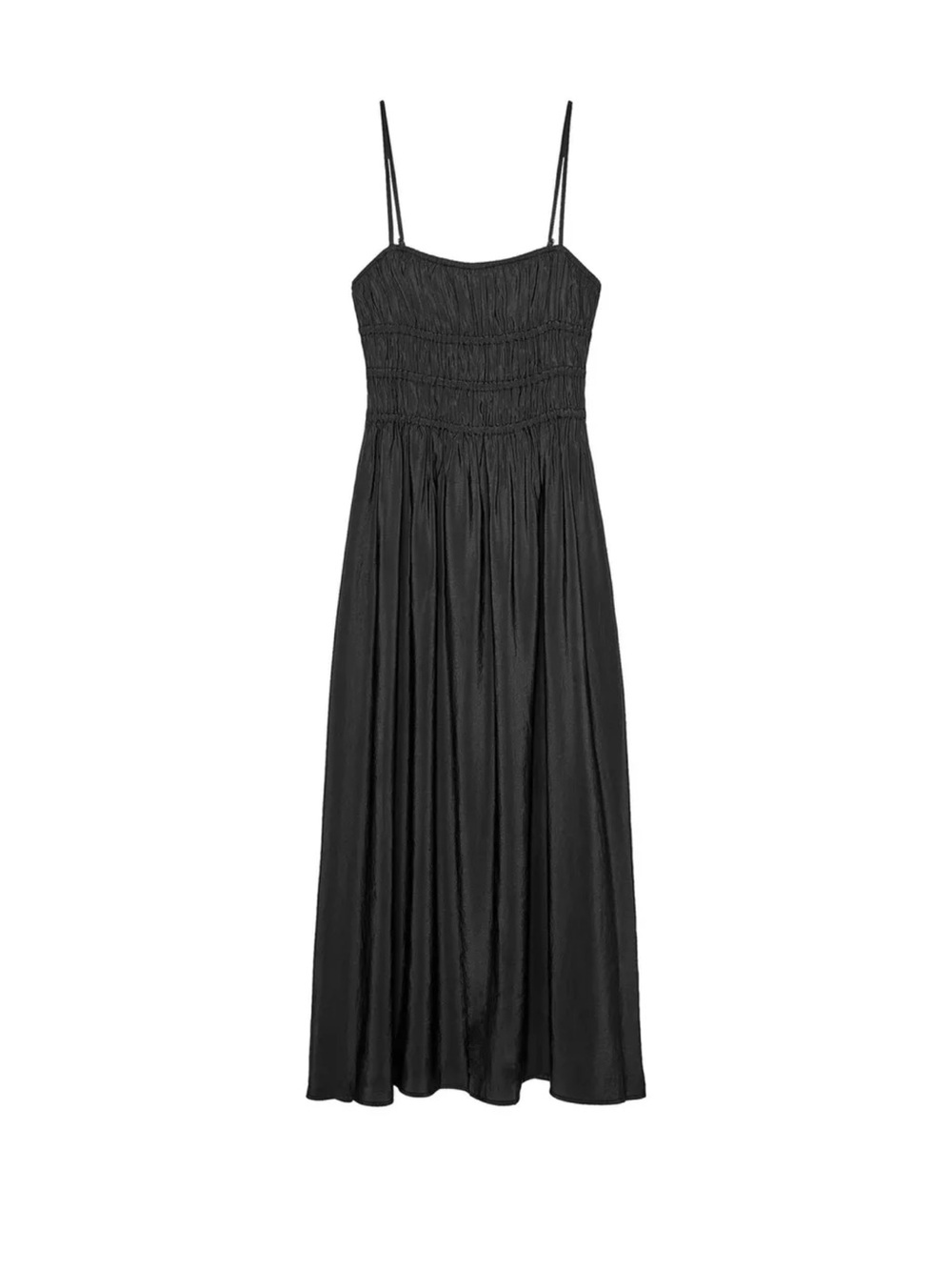 Zara Black Smocked Bodice Midi Dress with Spaghetti Straps